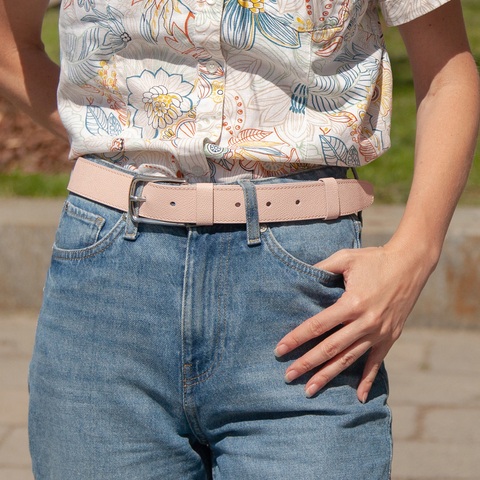 Женский ремень 35мм из кожи сафьяно, бледно-розового цвета