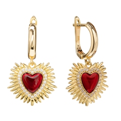 Серьги Сердце с красной эмалью и Фианитами, gold