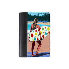 Обложка на паспорт комбинированная "Девушка с доской для серфинга", черная