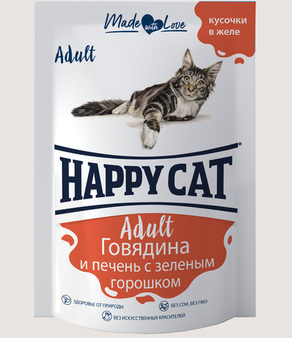 Happy Cat пауч для кошек (говядина, печень, горох) в желе (Россия) 100г