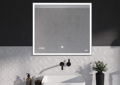 Зеркало LED 011 design 100x80 с подсветкой часы металл. рамка прямоугольное