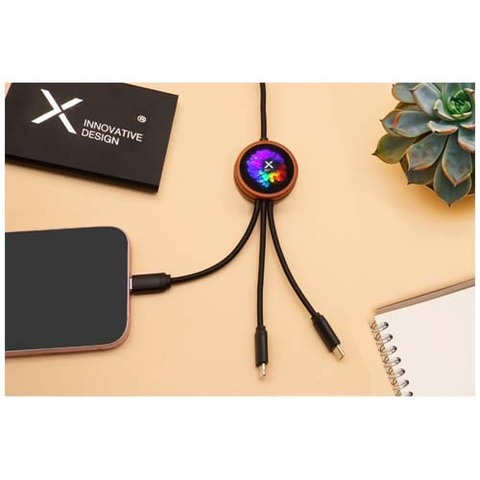 SCX.design C37 Зарядный кабель 5 в 1 из переработанного PET-пластика со светящимся логотипом и скругленным деревянным корпусо, мощностью 40 Вт