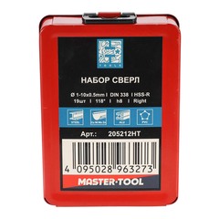 Набор сверл по металлу 1-10мм 19шт DIN338 HSS 118° (мет. кейс) H-Tools 205212HT