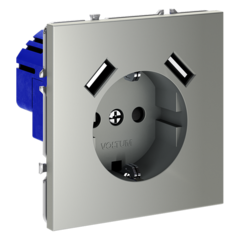 Розетка встраиваемая VOLTUM S70 с заземлением и защитными шторками, 16А, с USB, A+A, (сталь)