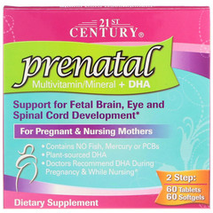 21st Century, Prenatal c мультивитаминами/минералами + докозагексаеновая кислота, 2 бутылки, 60 таблеток/60 желатиновых капсул