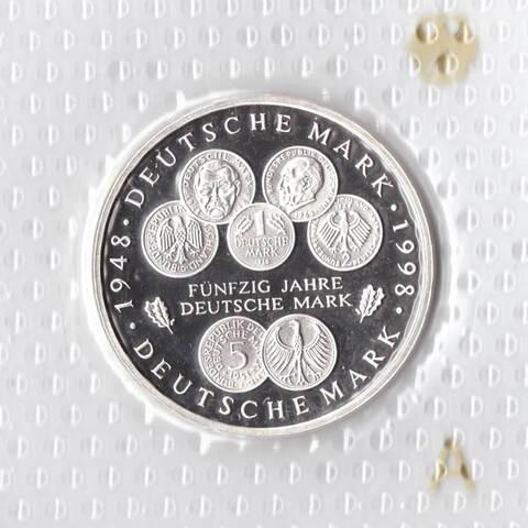 10 марок. 50 лет Немецкой марке (A). Серебро. 1998 г. PROOF. В родной запайке