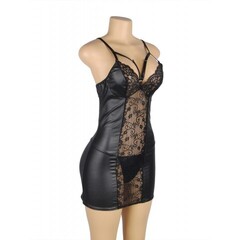 Кожаное платье с кружевом и стрепами Ohyeah Sexy Black +стринги, XL-2XL