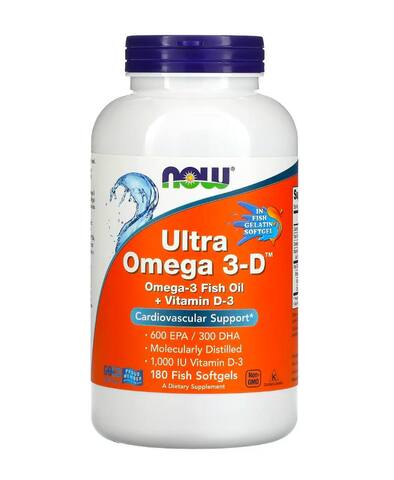 NOW Foods ультраомега-3 с витамином D, 600 ЭПК / 300 ДГК, 180 капсул из рыбьего желатина