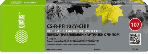 Картридж перезаправляемый струйный Cactus CS-R-PFI107Y-CHIP желтый (260мл) для Canon imageProGRAF iPF670, 680, 685, 770, 780, 785 с чипом