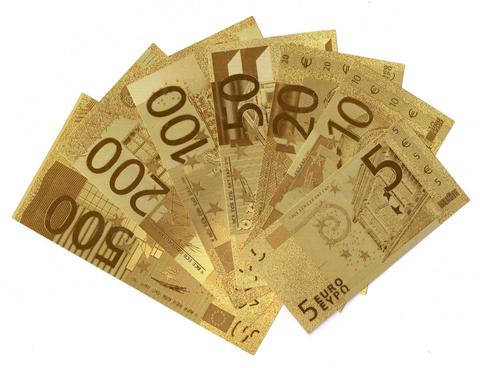 Комплект из 7 сувенирных позолоченных банкнот Евро (5, 10, 20, 50, 10, 200 и 500) 2002 года