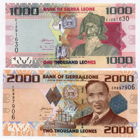Банкноты Сьерра-Леоне 2 шт (1000 и 2000 леоне) 2013 год. UNC. Реальные номера