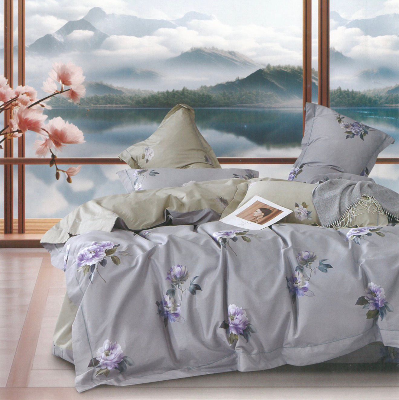 Комплект Семейный (2 пододеяльника) 100% Хлопок Сатин Серо Сиреневый Цветы