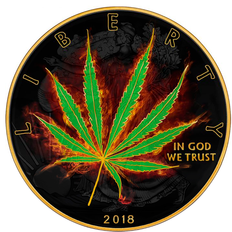США 2018, 1 доллар, 1 унция, серебро. Горящая марихуана. Сатива