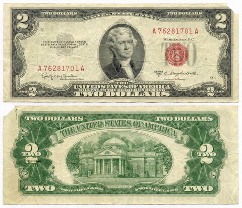 Банкнота США 2 доллара 1953C A 76281701 A. G