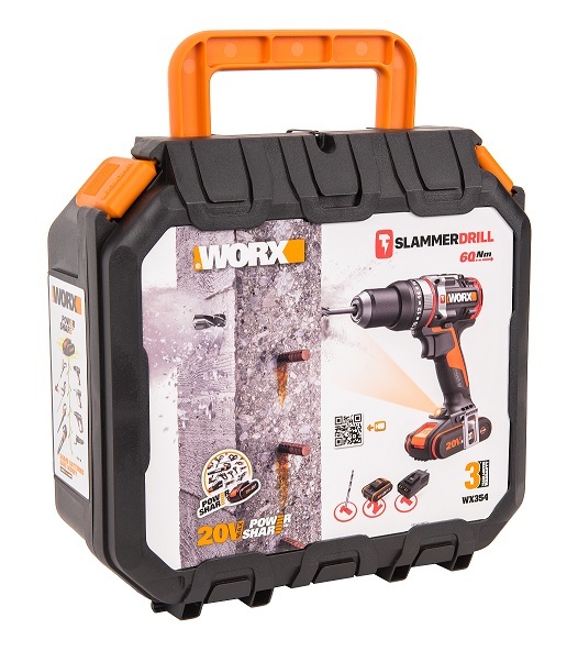 Дрель-шуруповерт ударная аккумуляторная WORX WX354, 20В, 60 Нм, бесщеточная, 2,0 Ач x2, кейс