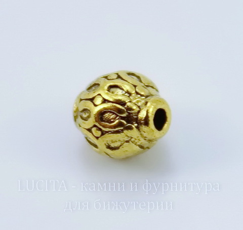 Бусина металлическая с узорами (цвет - античное золото) 6 мм , 10 штук