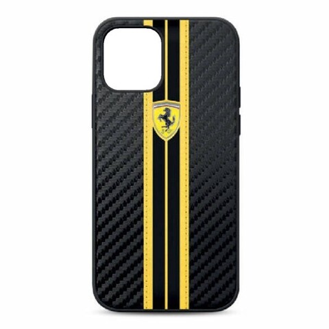 Карбоновый чехол Ferrari Carbon PU для iPhone 12 Pro Max (Черный с желтым)
