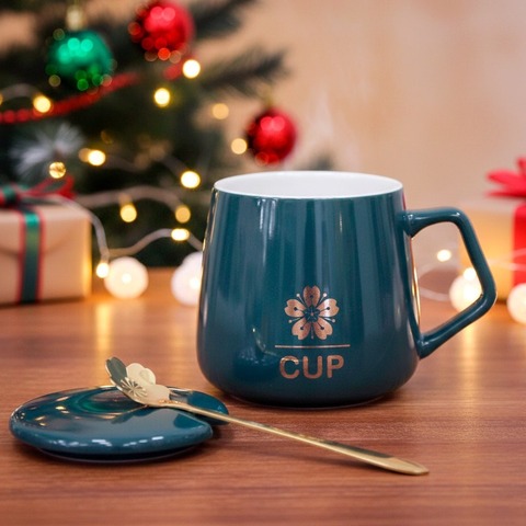 Керамическая кружка с крышкой и ложкой, темно-зеленый, 9,5*7,7 см, 400 мл