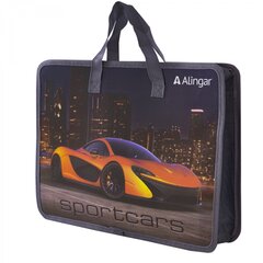 
          Папка с ручками 1 отделение, А4 265х335х90мм, Alingar, пластик, ручки тесьма, дизайн с двух сторон, молния сверху, "Sportcars"