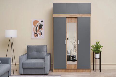 Басямиф/Роджинамиф Шкаф с антресолью (Графит/Дуб крафт)