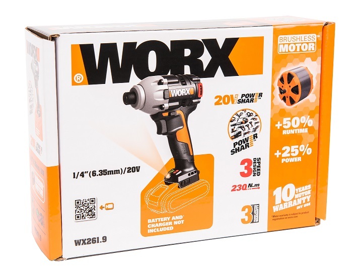 Винтоверт ударный бесщеточный аккумуляторный WORX WX261.9, 20В, без АКБ и ЗУ, коробка