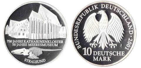 10 марок. 50 лет музею в Штральзунде (J). Серебро. 2001 г. PROOF