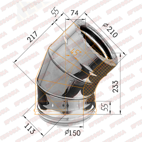 Отвод-сэндвич 135° d150x210мм (439/0,8 мм+оцинк) Ferrum в интернет-магазине ЯрТехника