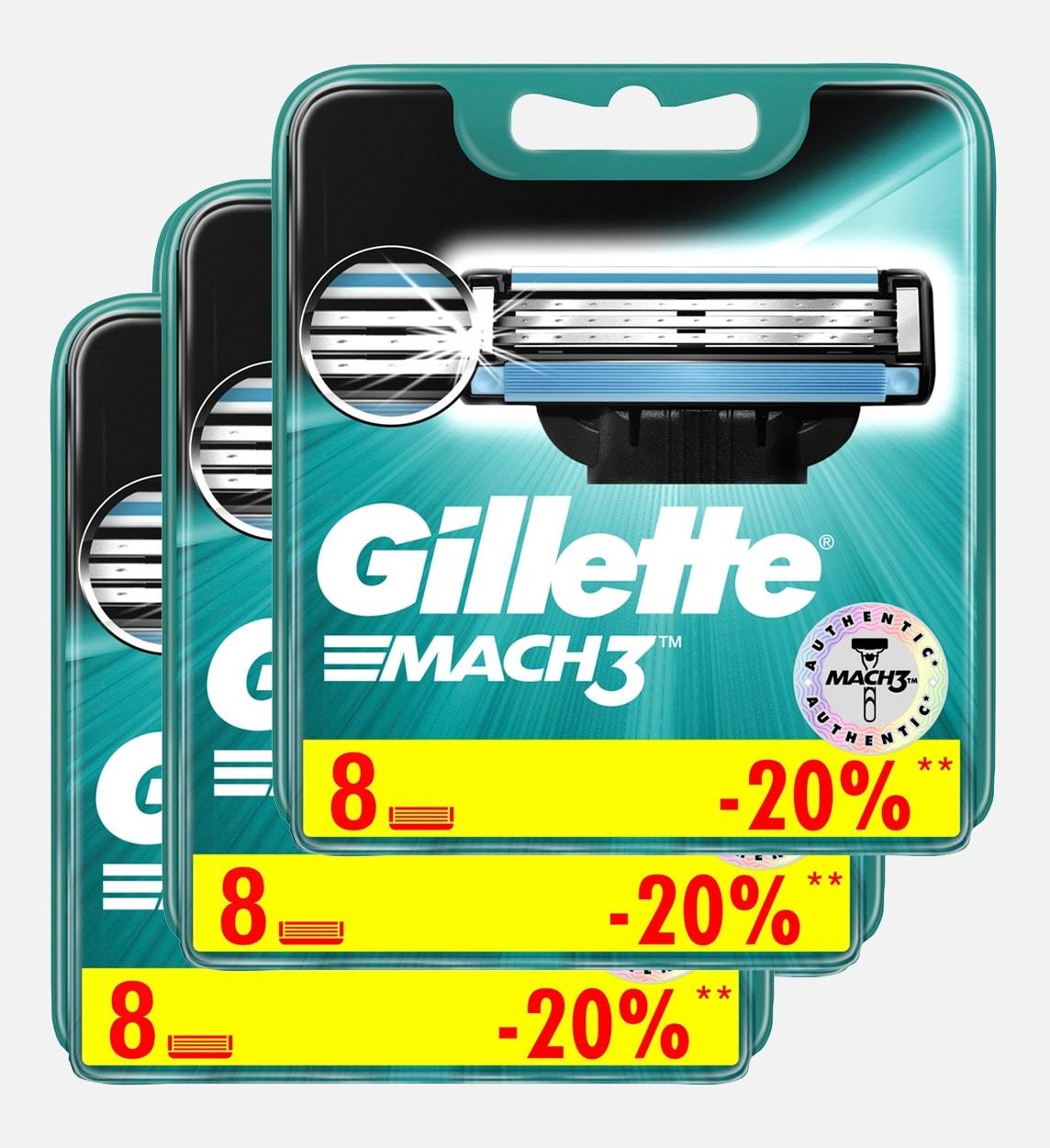 Сменные кассеты для бритья Gillette MACH3 комплект 3 по 8 (24 шт). Цена с учетом скидки 6%.