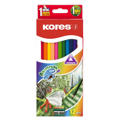 Карандаши цветные акварельные Kores с кистью 12 цветов трехгранные с точилкой