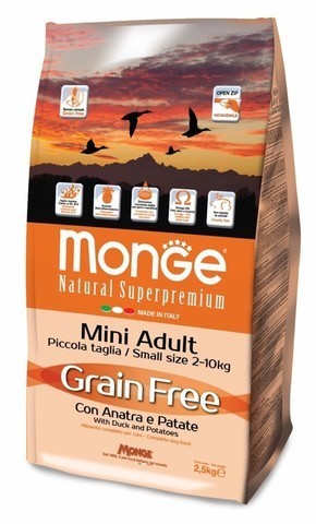 купить Monge Dog GRAIN FREE Mini беззерновой корм для собак мелких пород утка с картофелем 2,5 кг