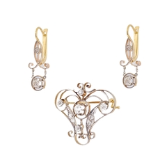 Золотой комплект брошь и серьги с бриллиантами старой огранки 19 век