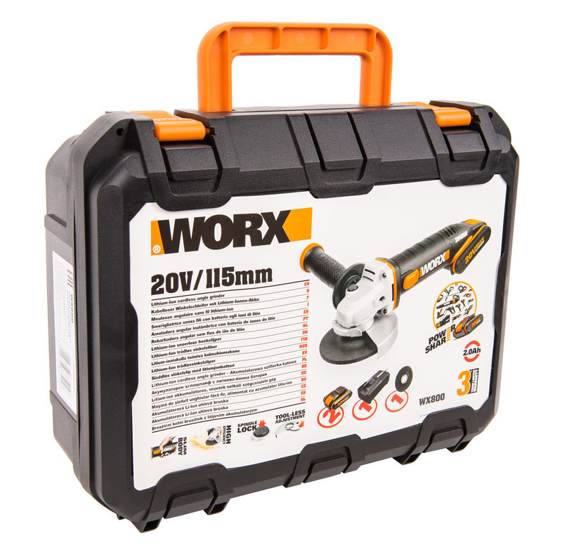 Угловая шлифмашина аккумуляторная WORX WX800, 20В, 115 мм, 2*2,0Ач, кейс