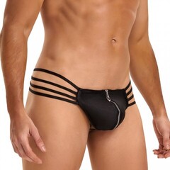Кожаные мужские стринги Ohyeah Zipper Black, на молнии со стрепами, XL