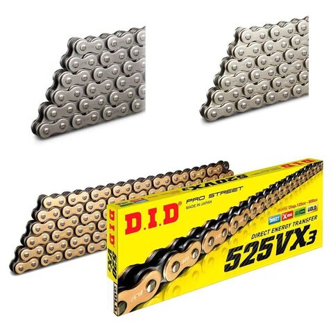 Цепь мотоциклетная DID  010, 525VX3 120 GOLD с сальниками, тип соединения FB (525VX G&G 120 FB)