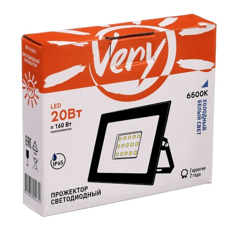 89-0-652 Прожектор светодиодный 20Вт, IP65, 6500K, черный Very