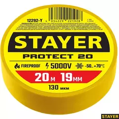 STAYER PROTECT-20, 19 мм х 20 м, 5 000 В, желтая, изолента ПВХ, Professional (12292-Y)