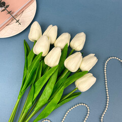 Тюльпаны искусственные для декора, реалистичные как живые, Мочные, латексные (силиконовые), 34 см, букет из 9 штук.