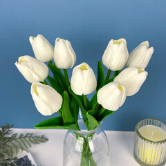 Тюльпаны искусственные для декора, реалистичные как живые, Мочные, латексные (силиконовые), 34 см, букет из 9 штук.