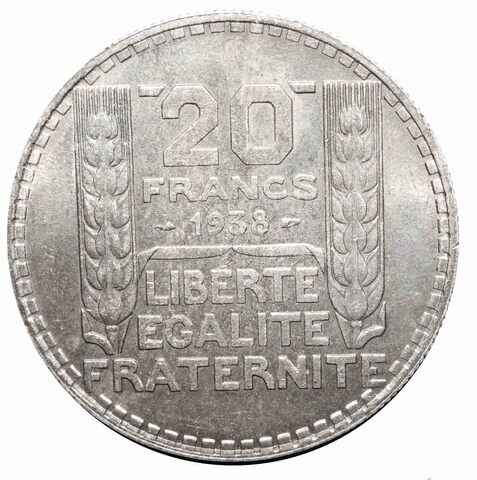 20 франков 1938 год. Франция. Серебро. XF-AU