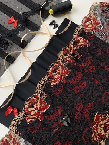 Кружево эластичное черное/цветы 22 см