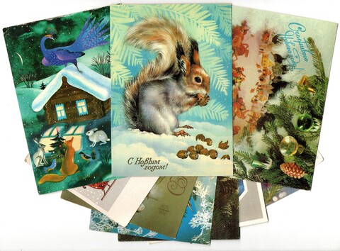 Подборка поздравительных Новогодних открыток — 10 штук— разные художники —чистые, без повторов, времен СССР