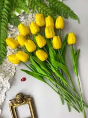 Тюльпаны реалистичные искусственные, Желтые, нежные, латексные (силиконовые), 34 см, букет из 15 штук