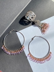 168/049- Серьги-кольца Drop из серебра с розовыми, каплевидными цирконами