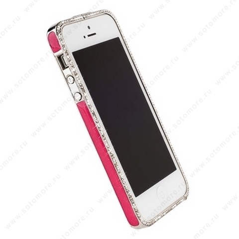 Бампер Newsh металлический для iPhone SE/ 5s/ 5C/ 5 со стразами ярко-розовый