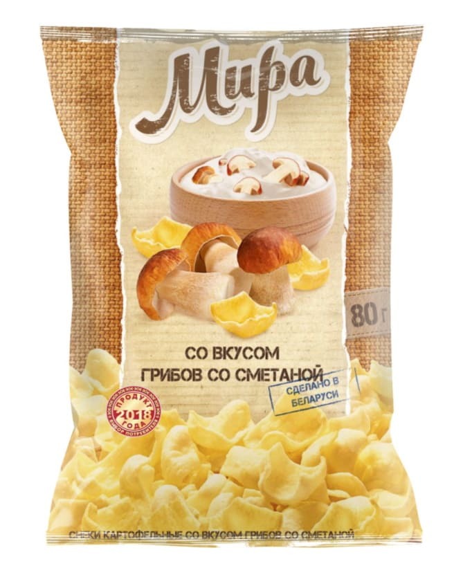 Снеки "Мира" картофельные со вкусом грибов со сметаной 80г. Машпищепрод ...