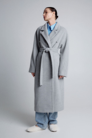 Пальто на поясе из альпаки и шерсти светло-серый