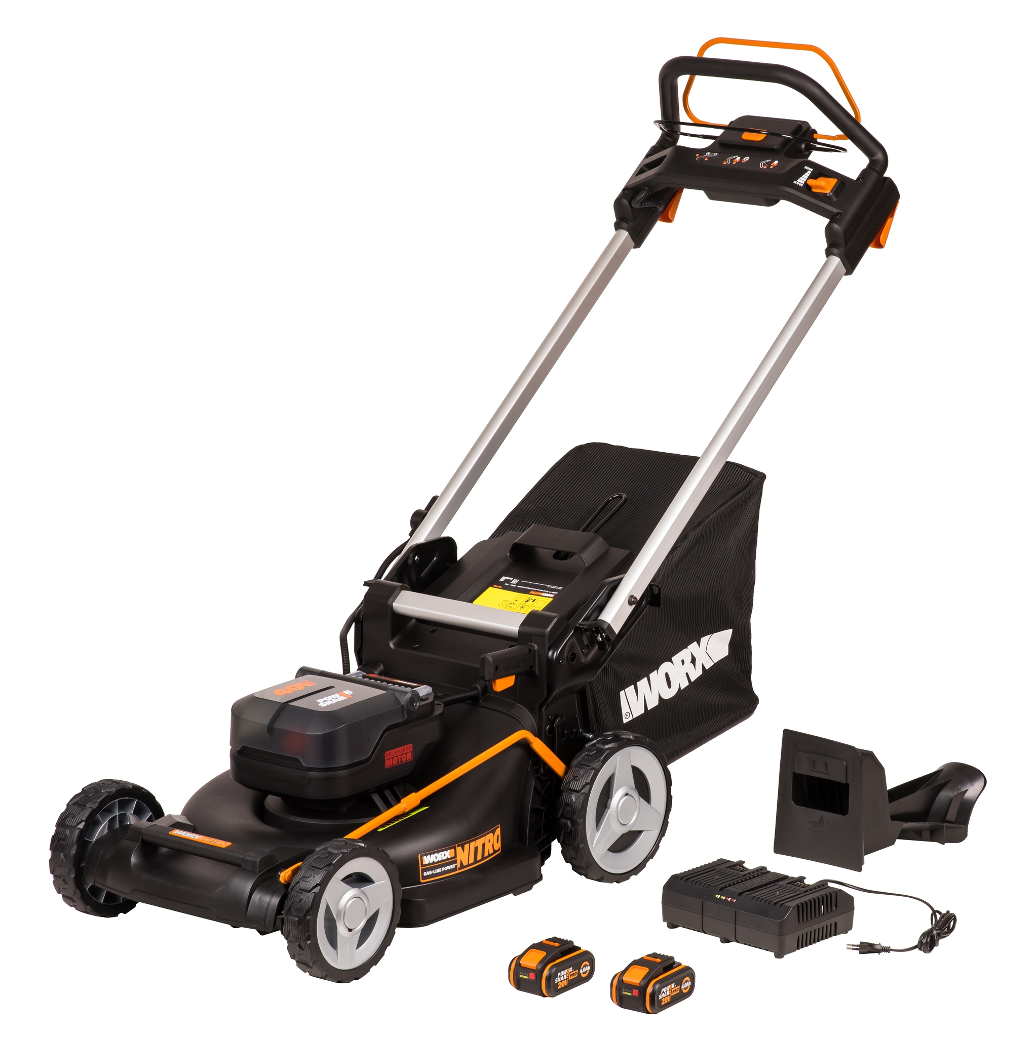 Газонокосилка аккумуляторная самоходная WORX 46 см NITRO WG749E, бесщеточная, 40В, 4Ач х2, ЗУ 2А х2,