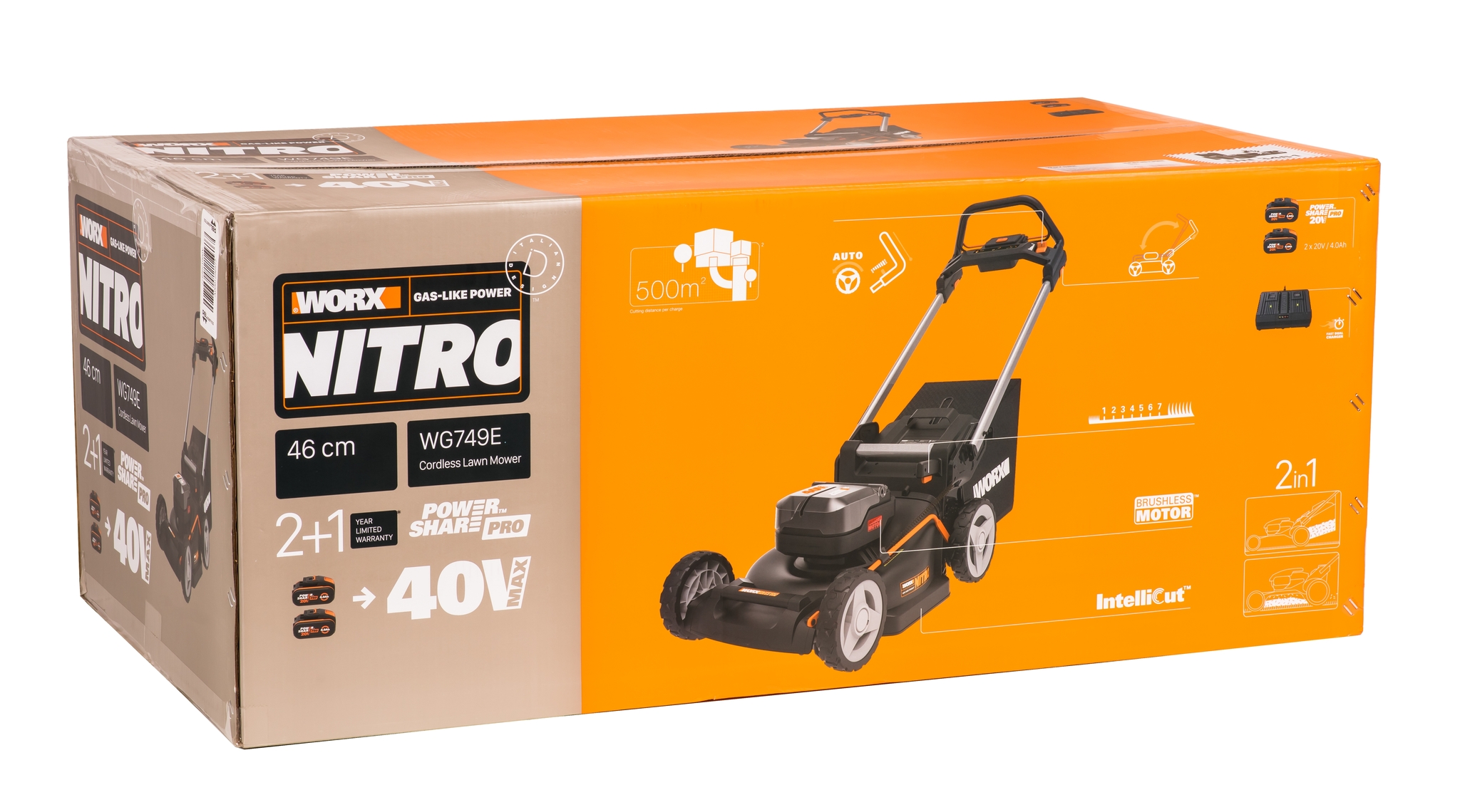 Газонокосилка аккумуляторная самоходная WORX 46 см NITRO WG749E, бесщеточная, 40В, 4Ач х2, ЗУ 2А х2,