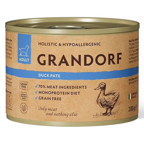 GRANDORF (Duck Pate) MONOPROTEIN монопротеиновый влажный корм для собак всех пород (беззерновая формула для особо аллергичных собак), УТКА, 200г х 6 шт