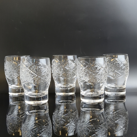 Стопки хрустальные набор из 5 штук, алмазная грань, геометрический узор, (объём-? мл), винтаж СССР 1970-1990 гг